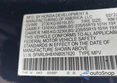 2022 Honda Odyssey Touring z USA, uszkodzony, nr VIN 5FNRL6H8XNB057620